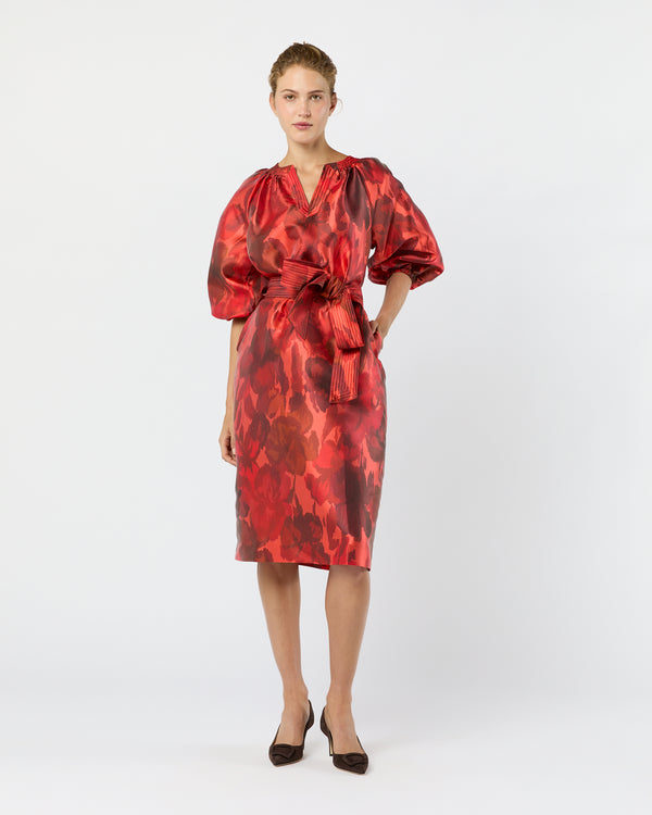 sid mashburn Trapunto Blouson Dress in Red/Multi Watercolor Floral Mikado
