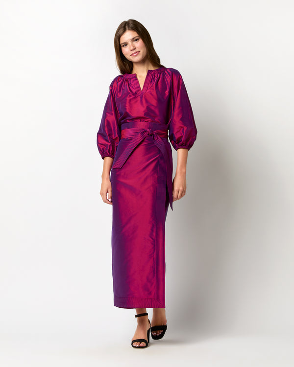 Sid Mashburn Trapunto Blouson Top In Berry Iridescent Silk Shantung