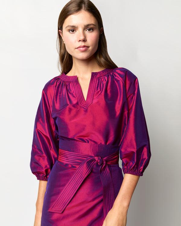 sid mashburn Trapunto Blouson Top in Berry Iridescent Silk Shantung