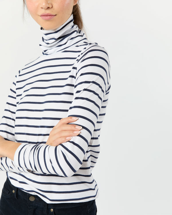 Sid Mashburn Turtleneck Tee In White/Navy Stripe Jersey