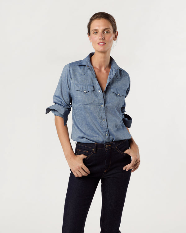 Sid Mashburn Western Shirt In Indigo Cotolino Chambray