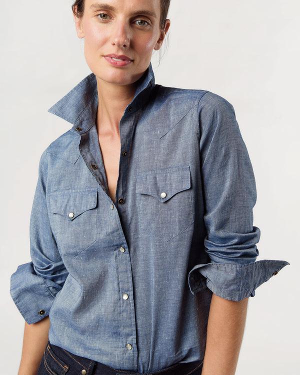 sid mashburn Western Shirt in Indigo Cotolino Chambray