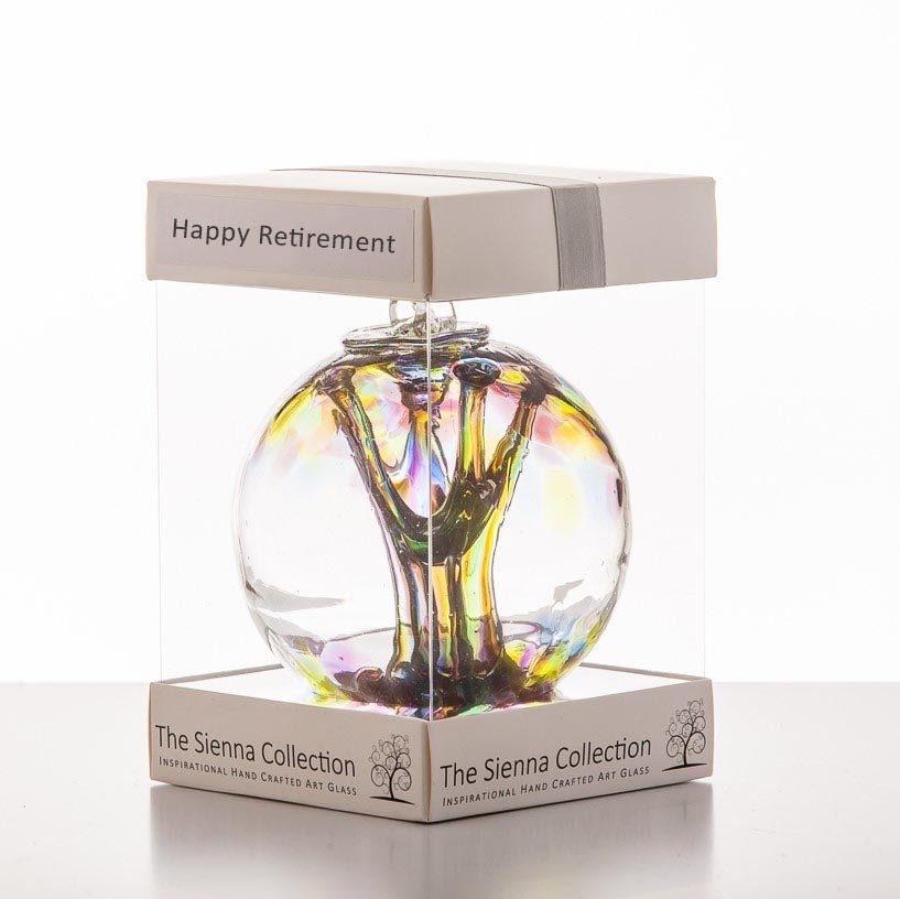 sienna glass 10cm Spirit Ball - Happy Retirement - Purple Green & Blue