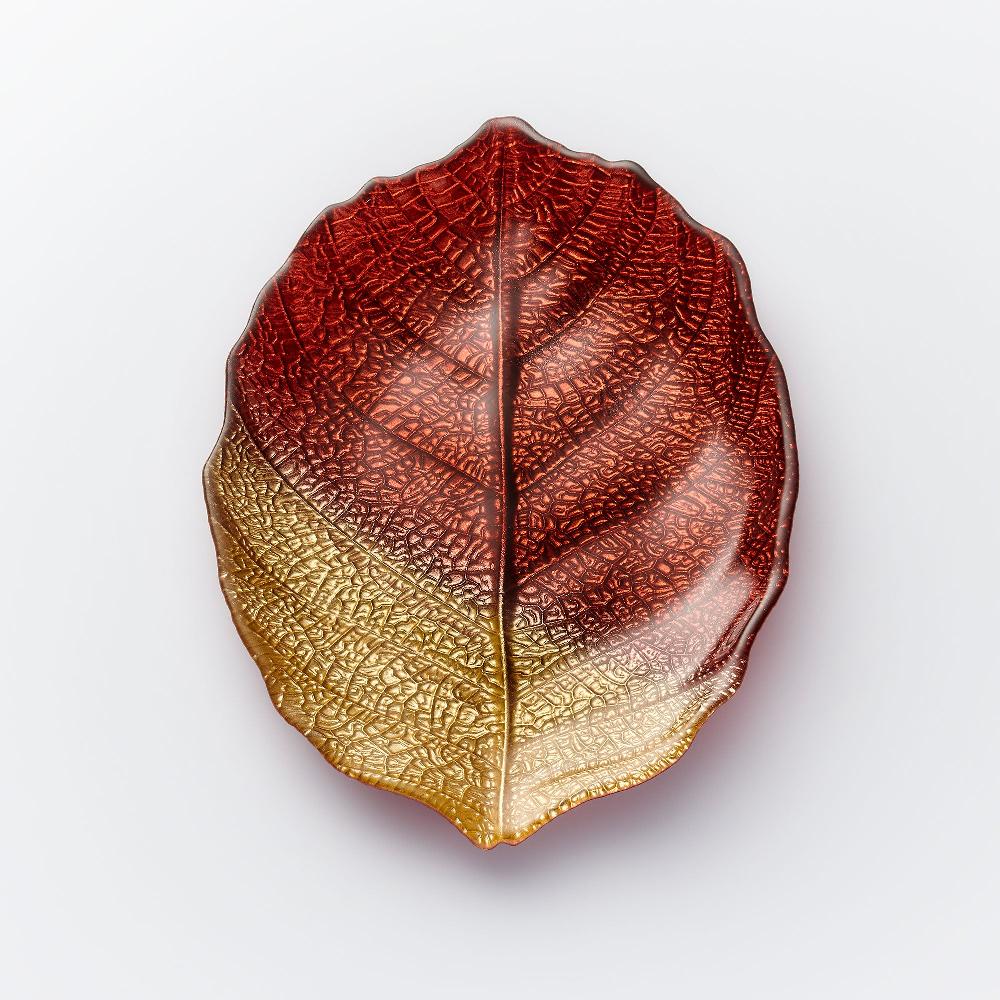 sienna glass 28cm Glass Plate - Leaf Design - Brown & Gold