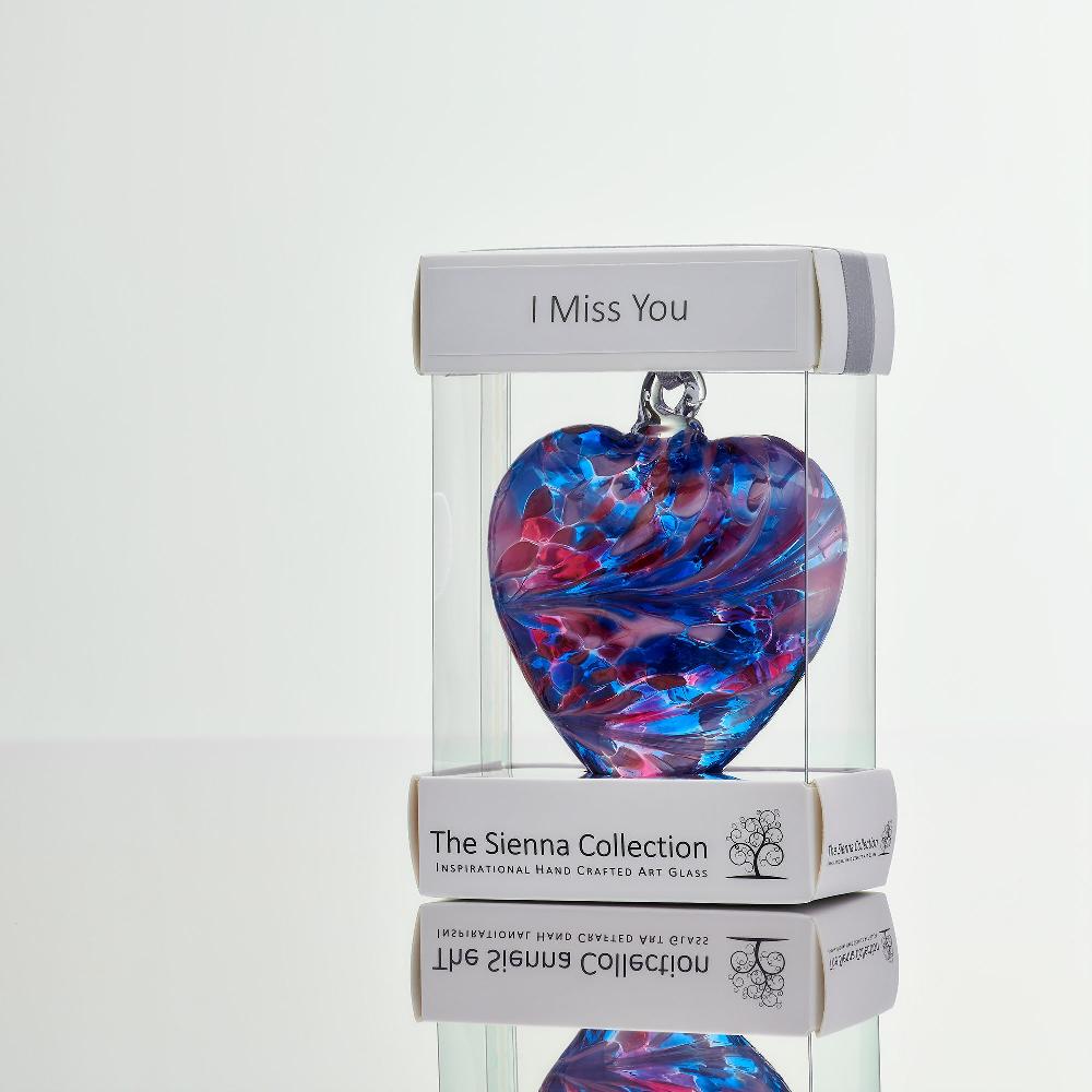 sienna glass 8cm Friendship Heart - I Miss You - Blue & Pink
