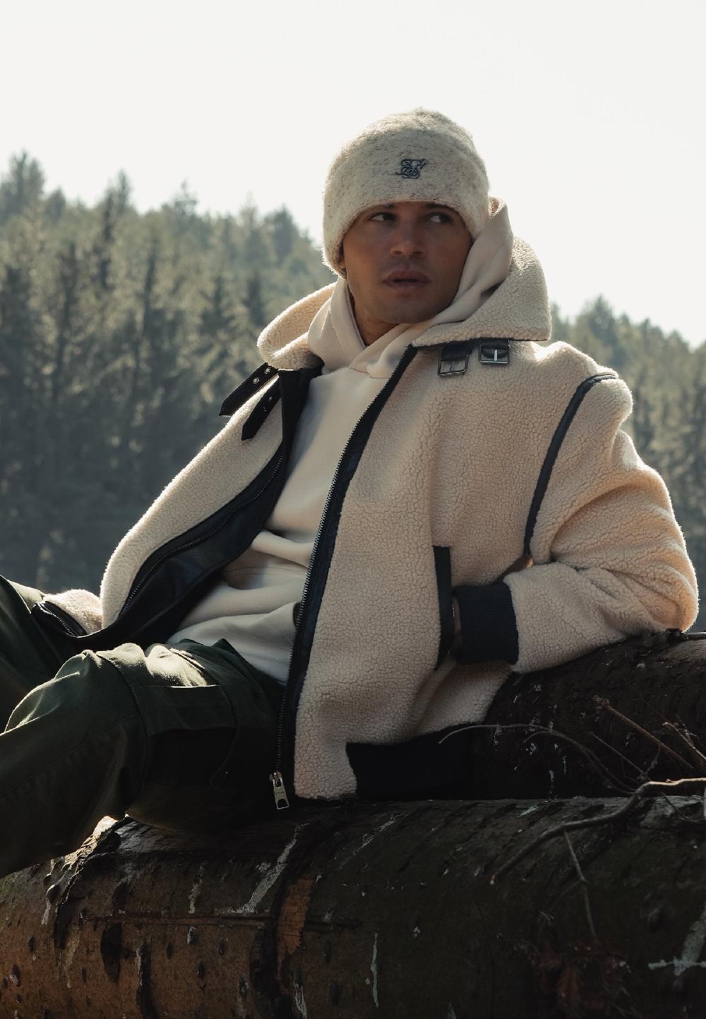 sik silk Beige Sherpa Bomber Jacket