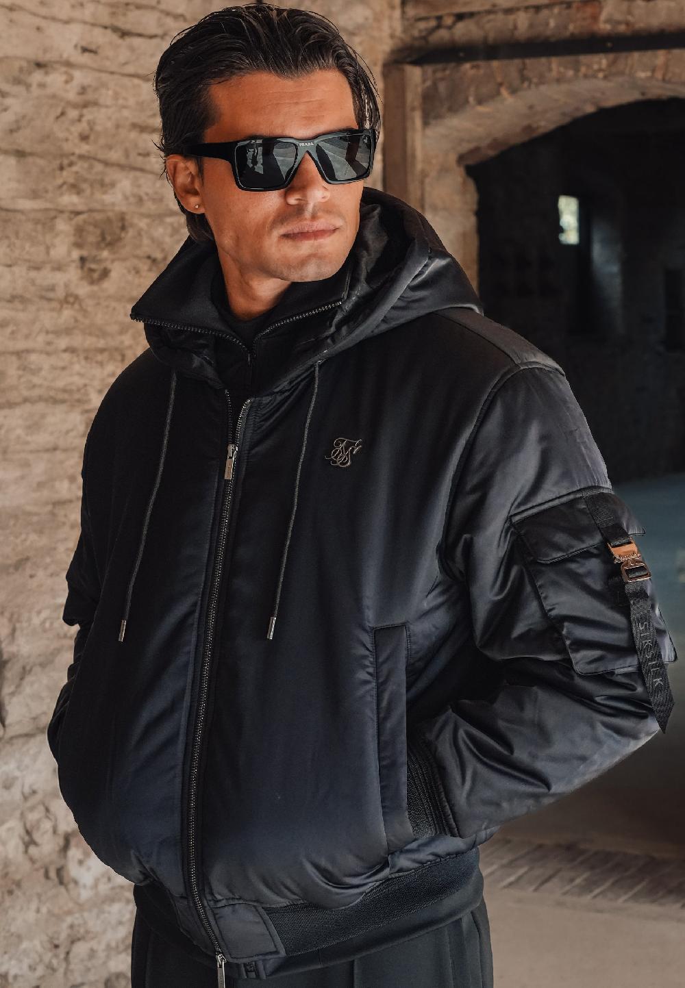 sik silk Black Hooded Bomber Jacket