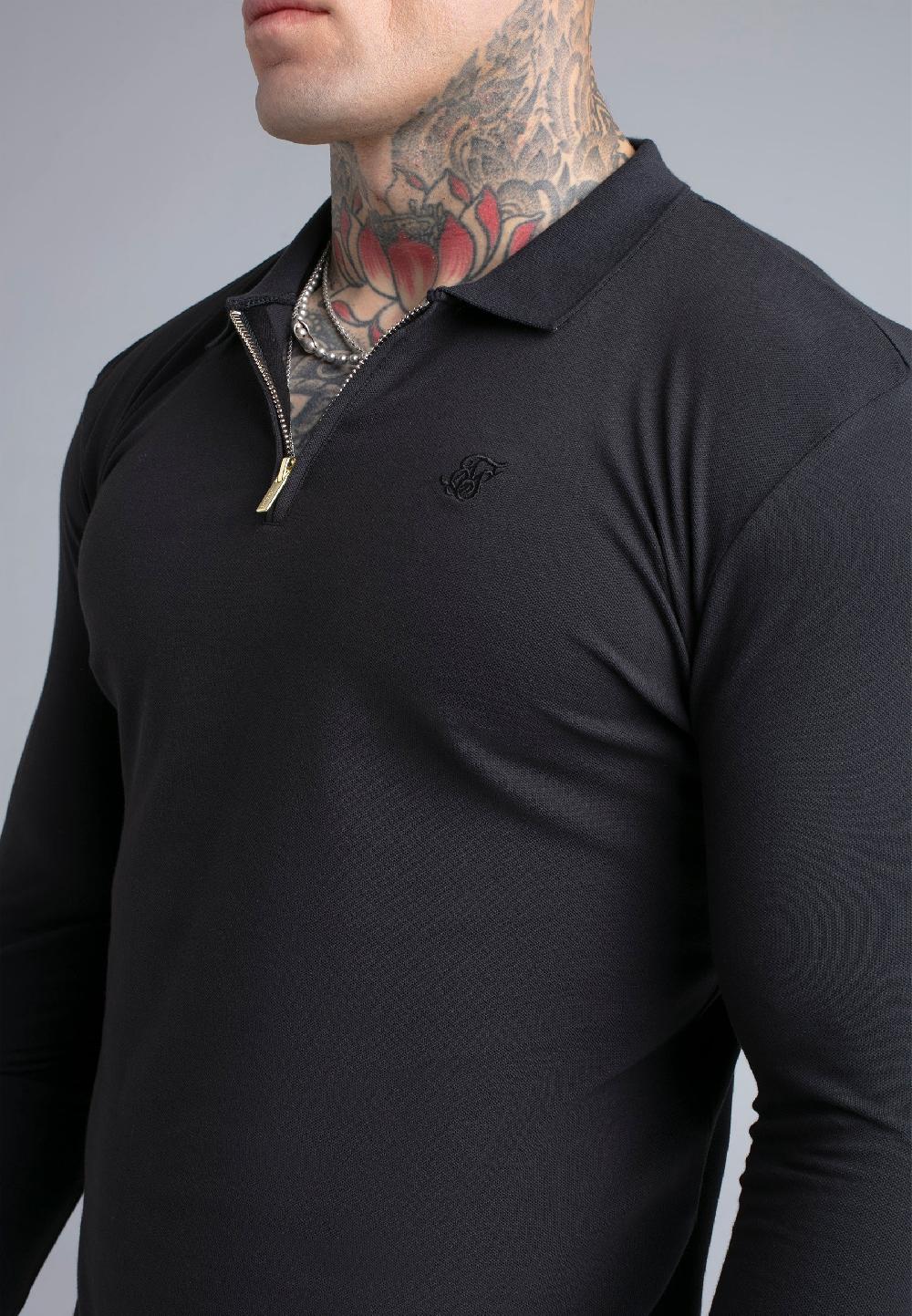 Sik Silk Black LS Zip Polo T-Shirt