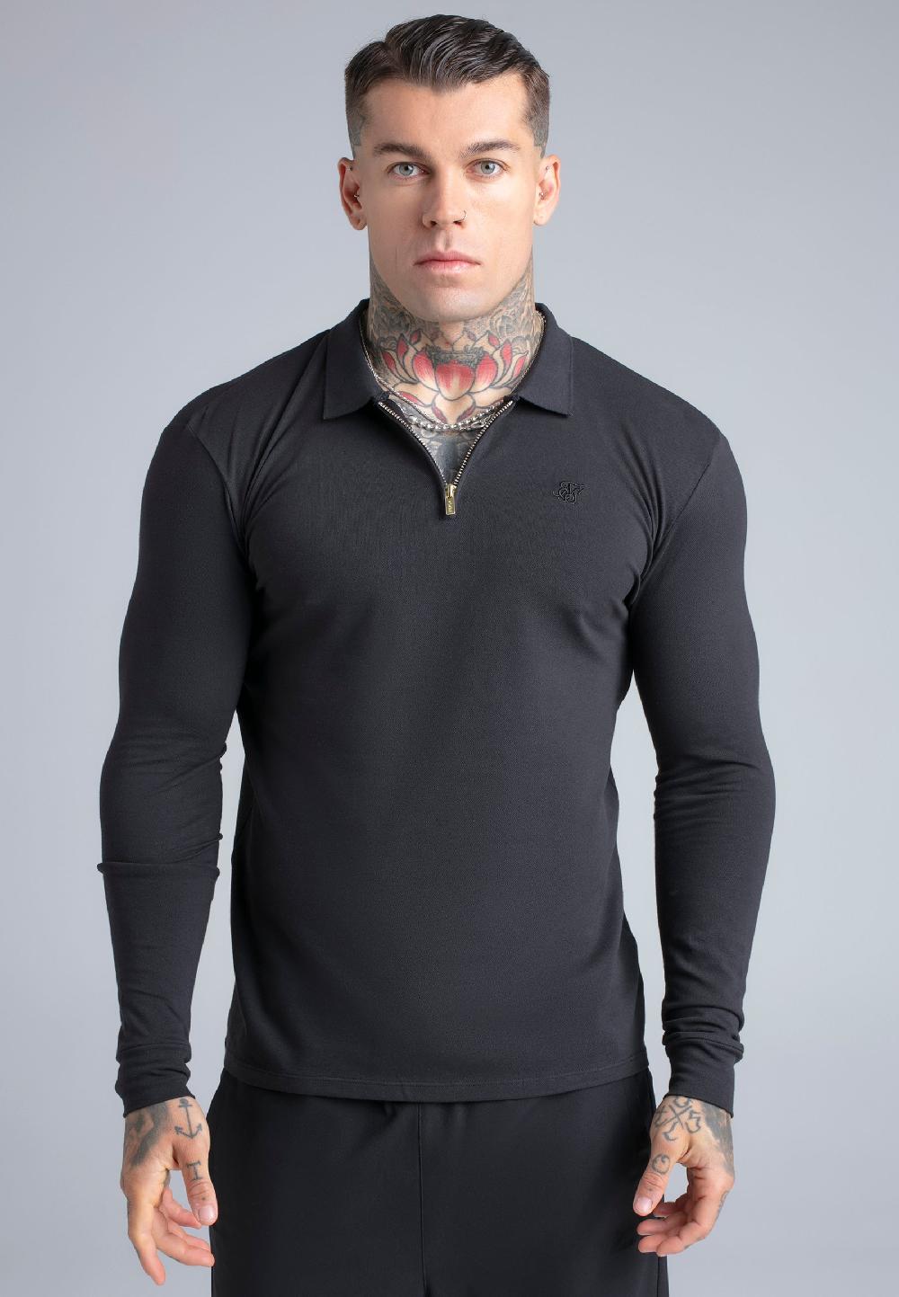 sik silk Black LS Zip Polo T-Shirt