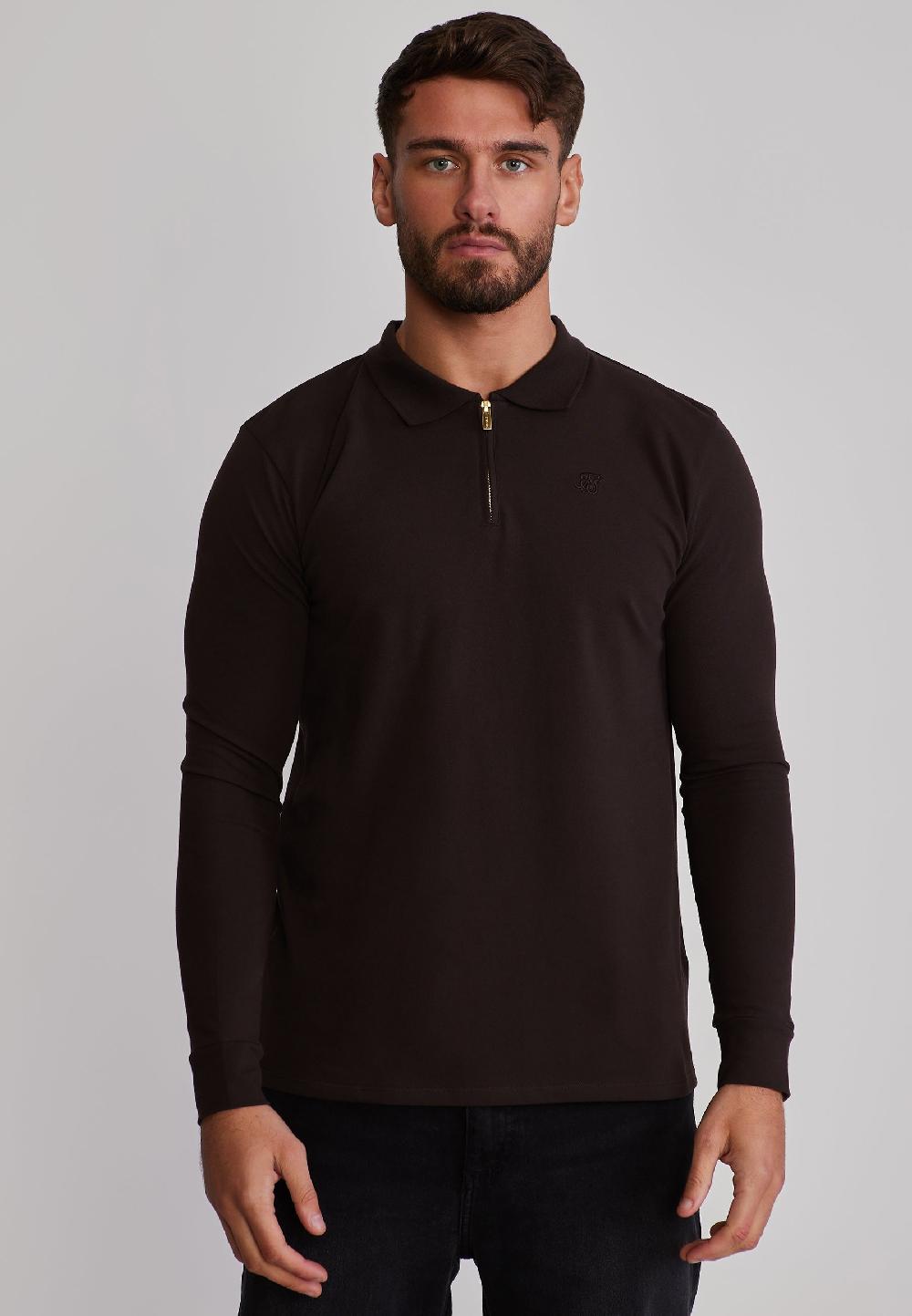 sik silk Brown LS Zip Polo T-Shirt