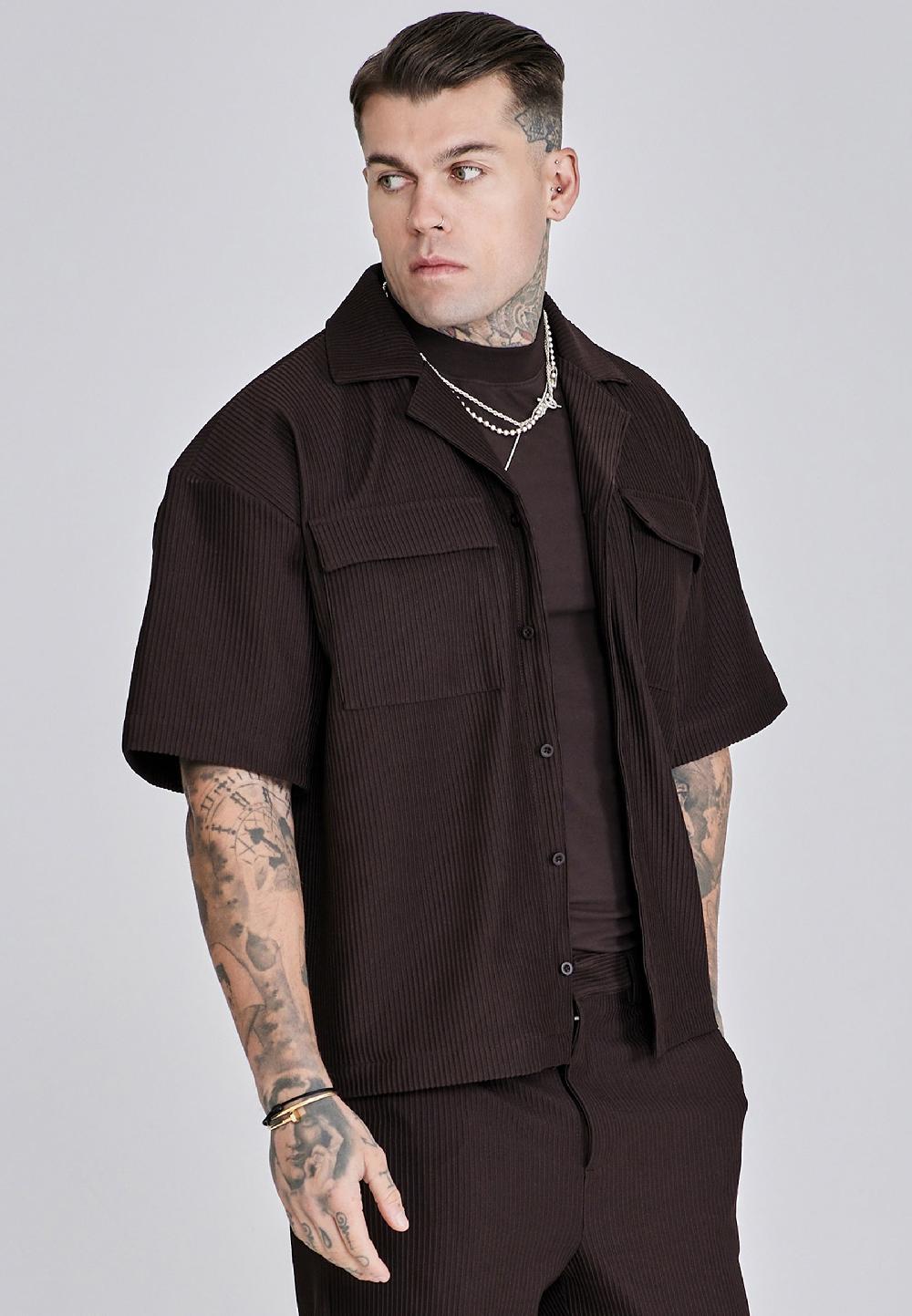 sik silk Brown Ribbed Smart Shirt