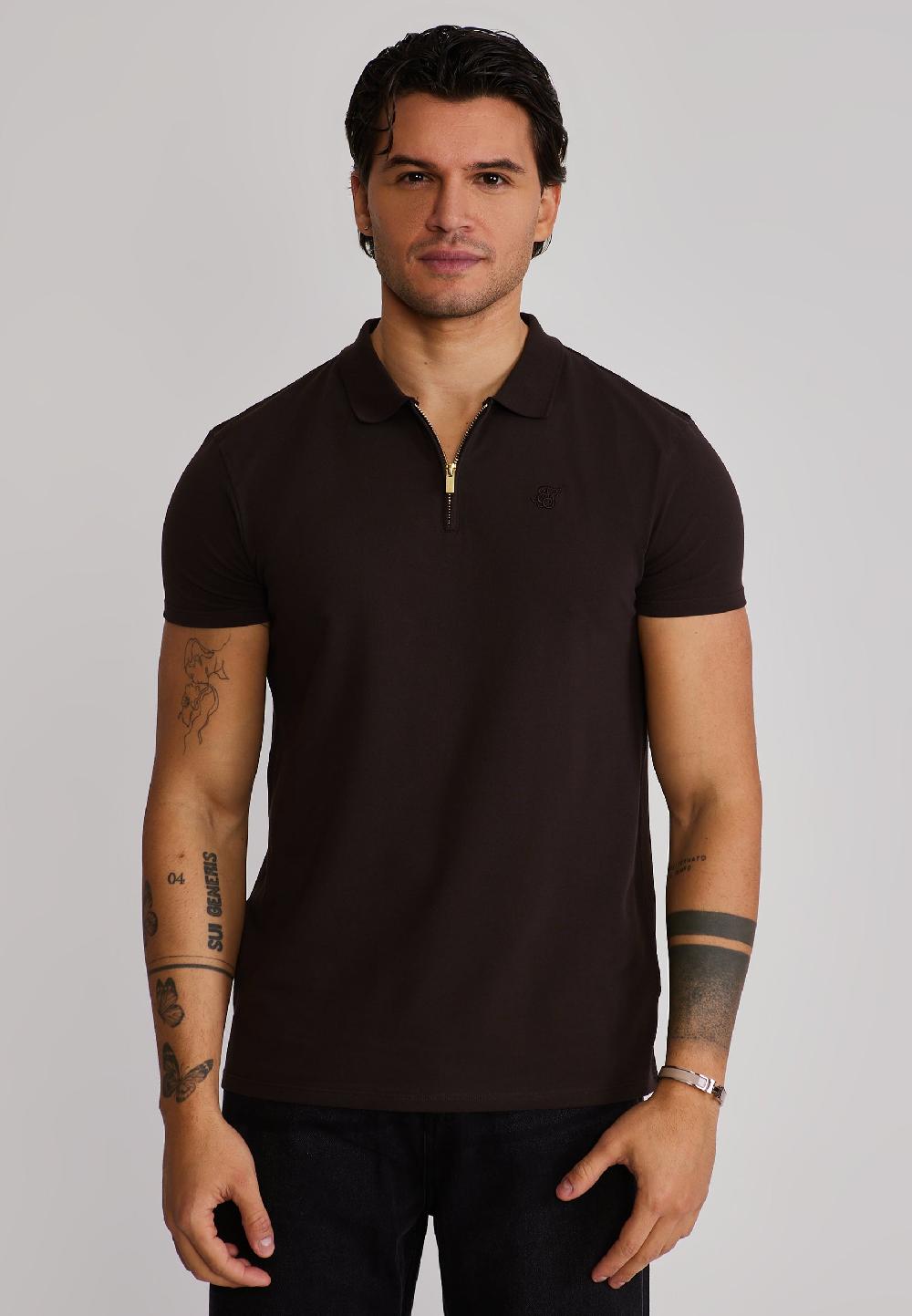 sik silk Brown Zip Polo T-Shirt