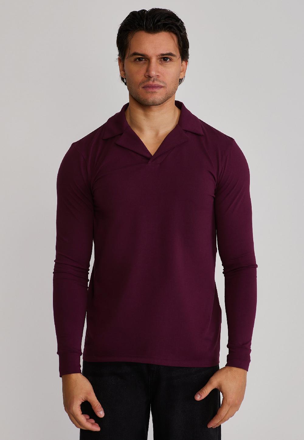 sik silk Burgundy LS Revere Polo