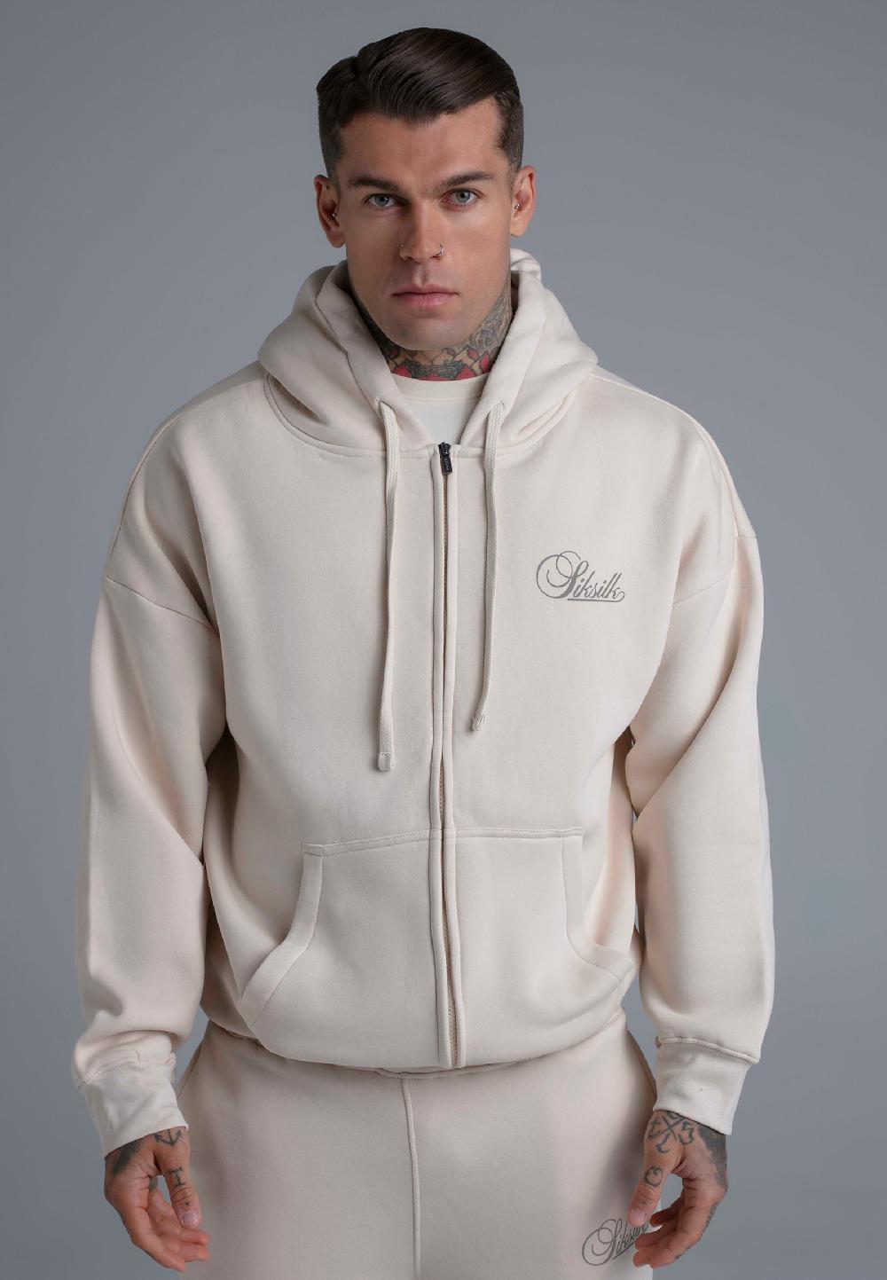 sik silk Ecru Essentials Full Zip Hoodie
