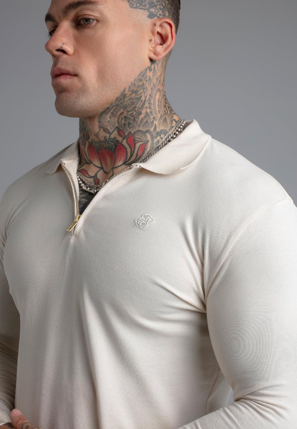 Sik Silk Ecru LS Zip Polo T-Shirt
