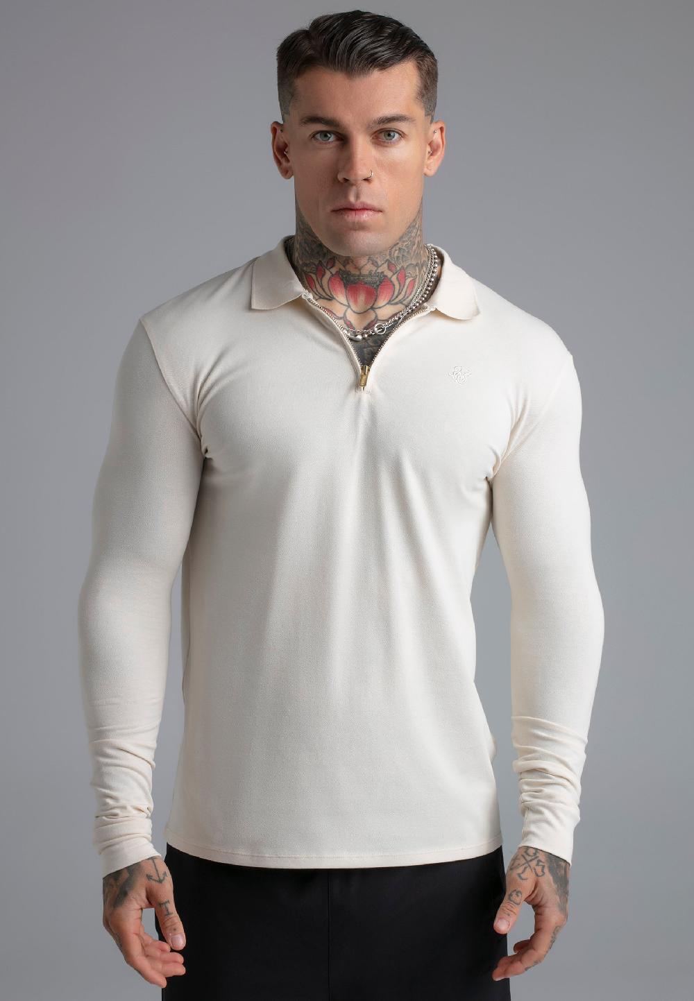 sik silk Ecru LS Zip Polo T-Shirt