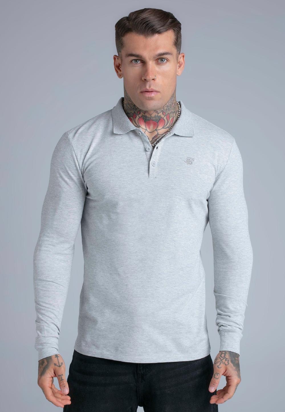 sik silk Grey Marl LS Button Polo