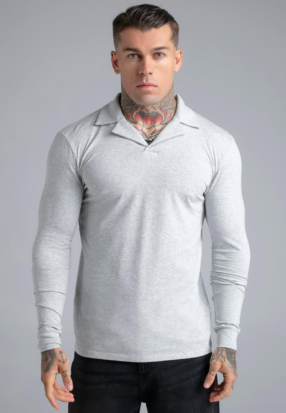 sik silk Grey Marl LS Revere Polo
