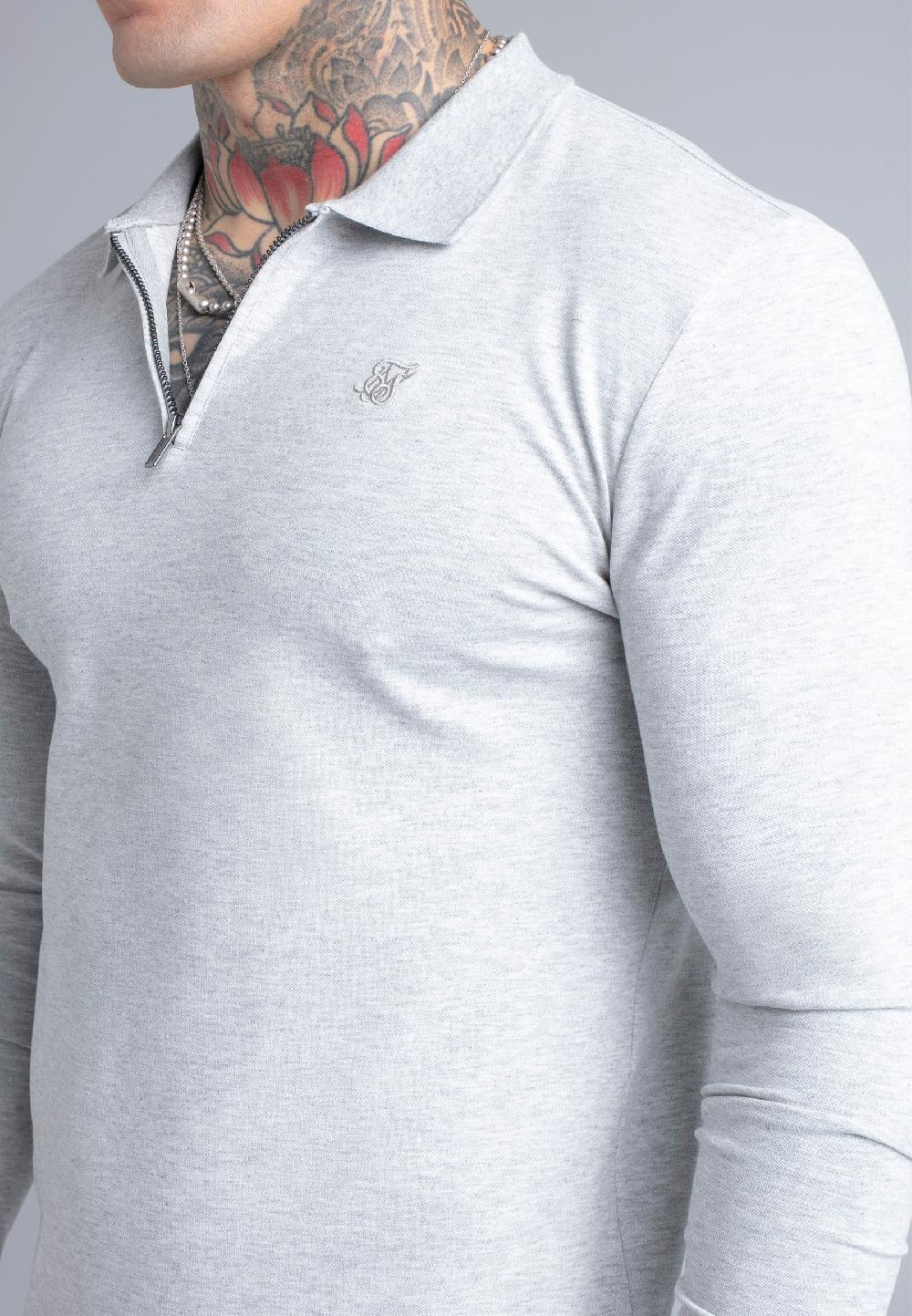 Sik Silk Grey Marl LS Zip Polo T-Shirt