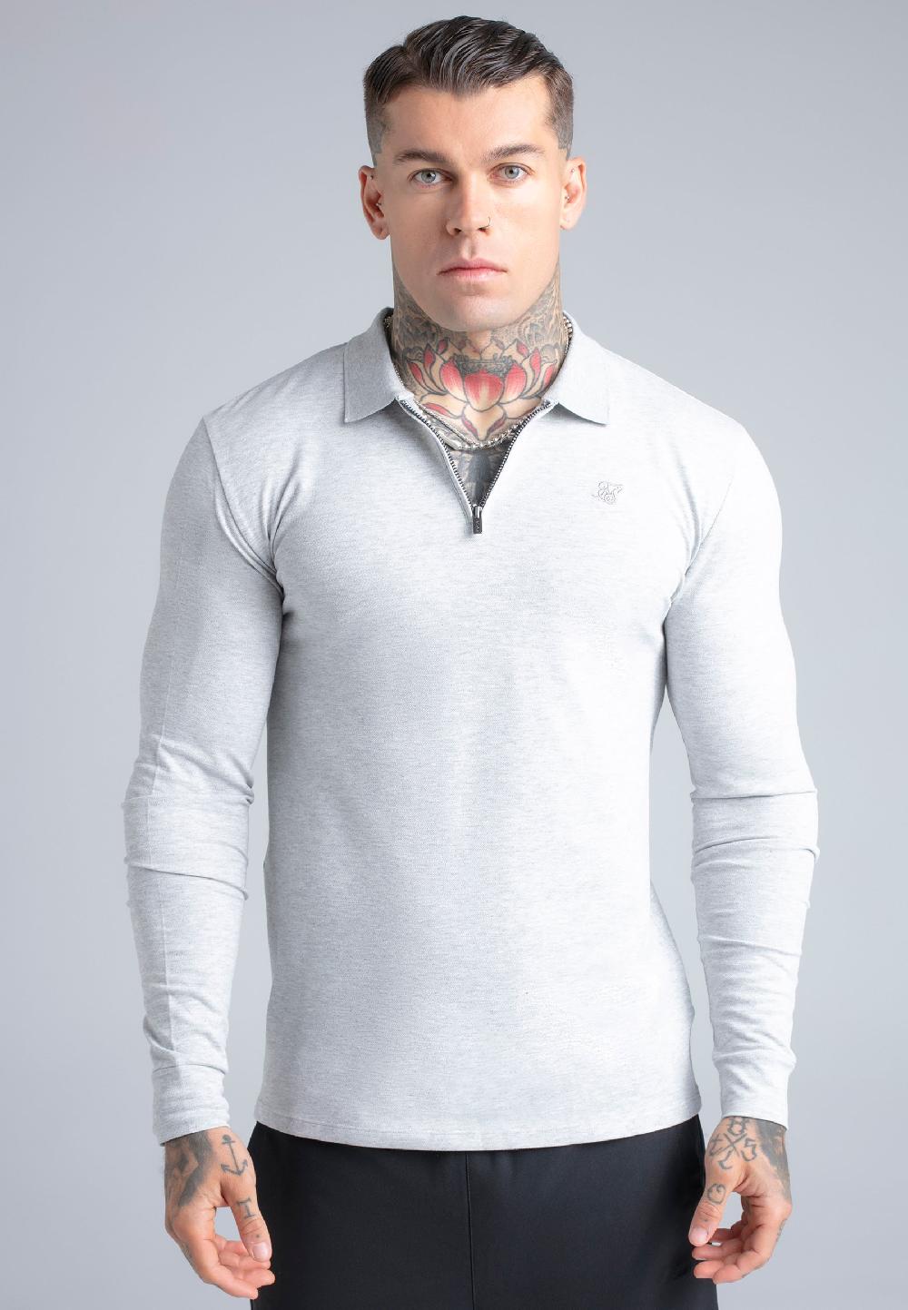 sik silk Grey Marl LS Zip Polo T-Shirt
