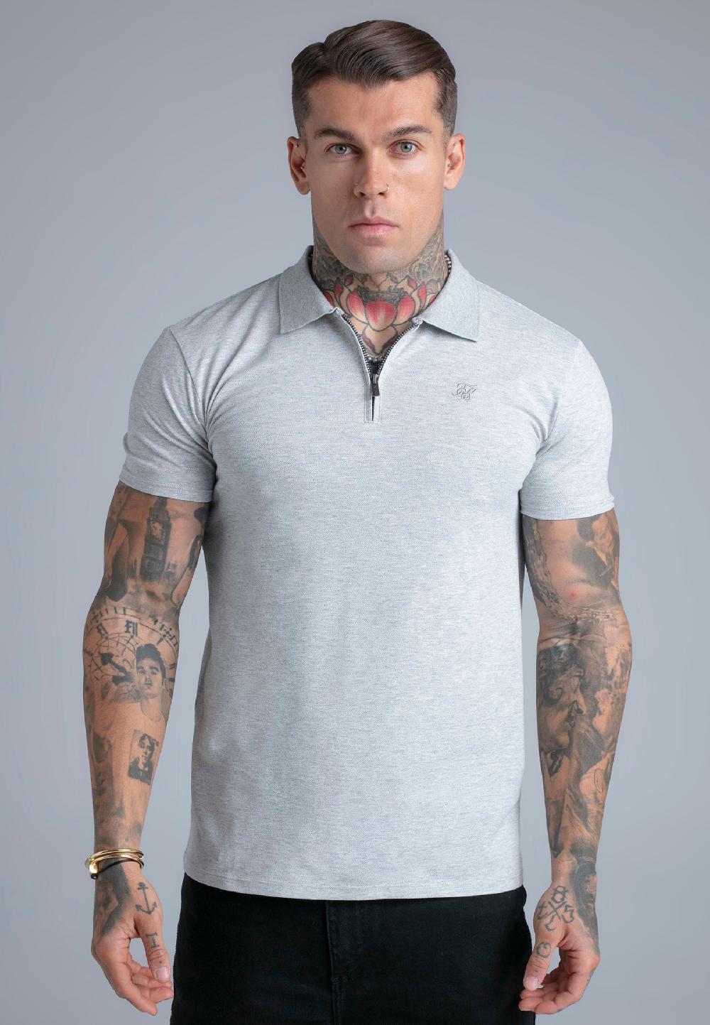 sik silk Grey Marl Zip Polo T-Shirt