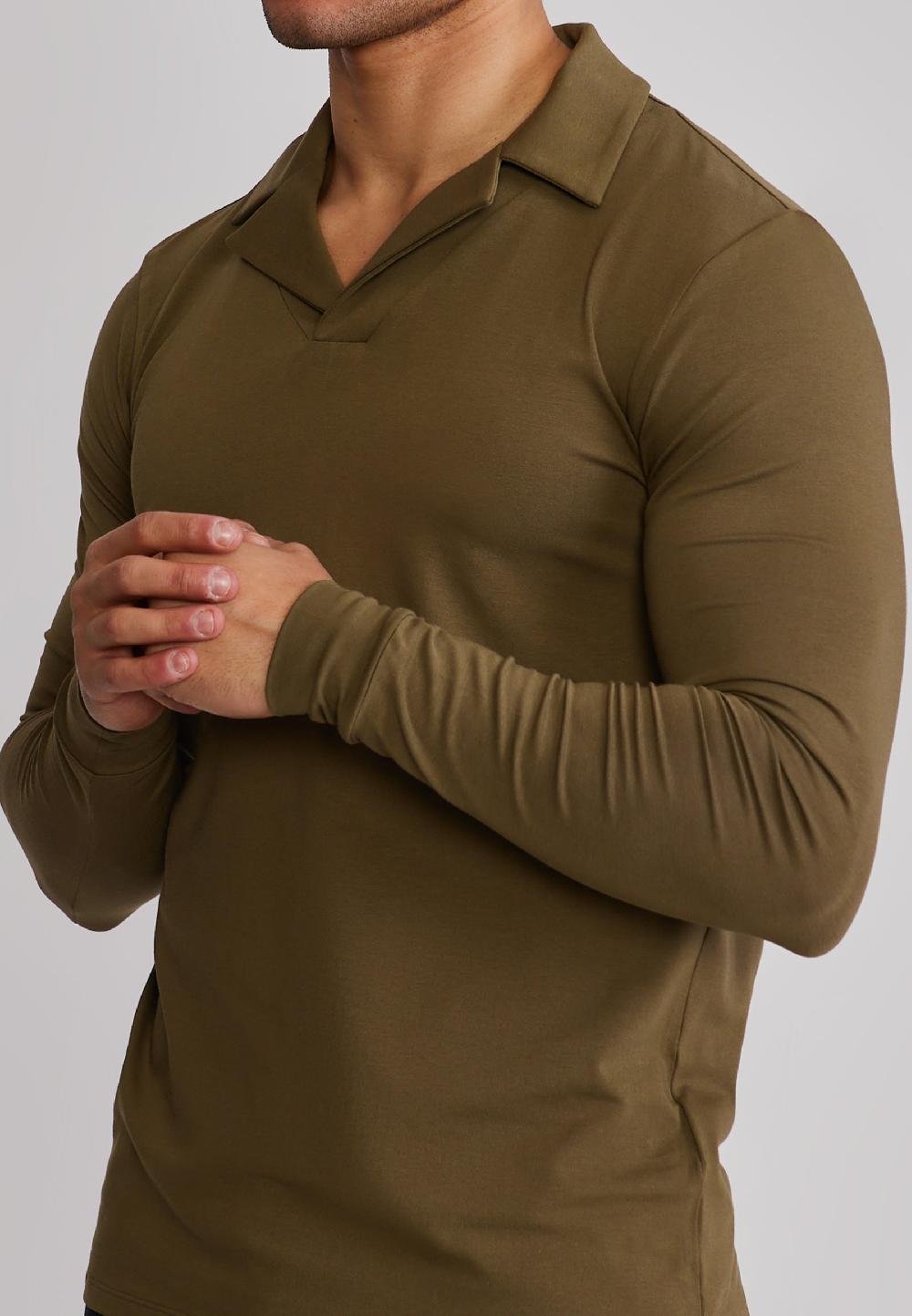 Sik Silk Khaki Green LS Revere Polo