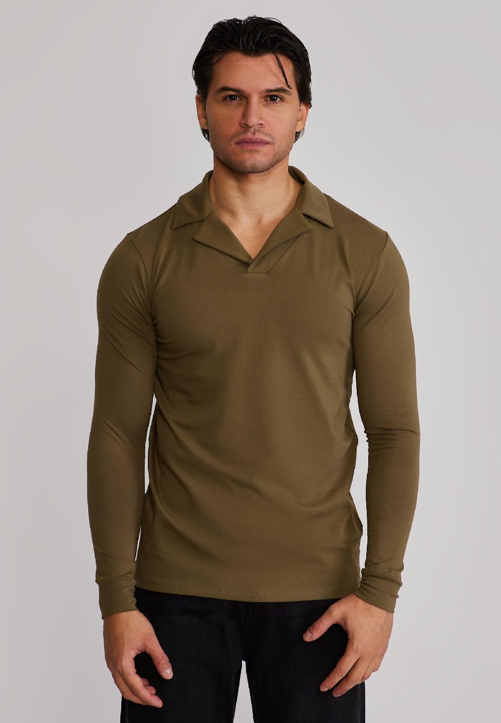 sik silk Khaki Green LS Revere Polo