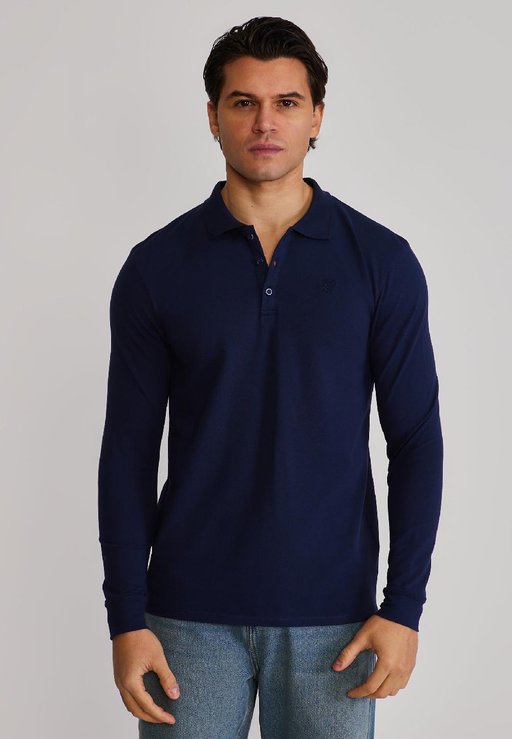 sik silk Navy LS Button Polo