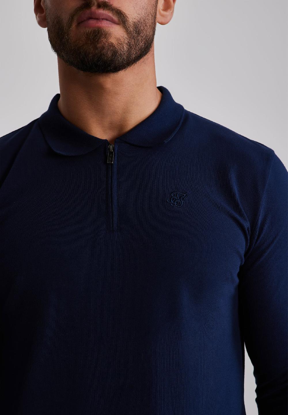 Sik Silk Navy LS Zip Polo T-Shirt