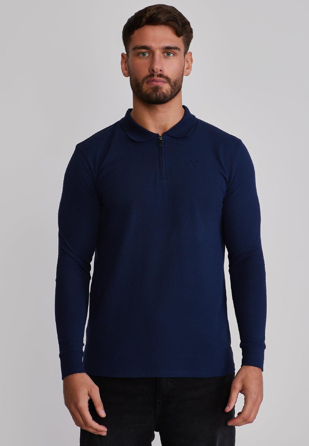 sik silk Navy LS Zip Polo T-Shirt