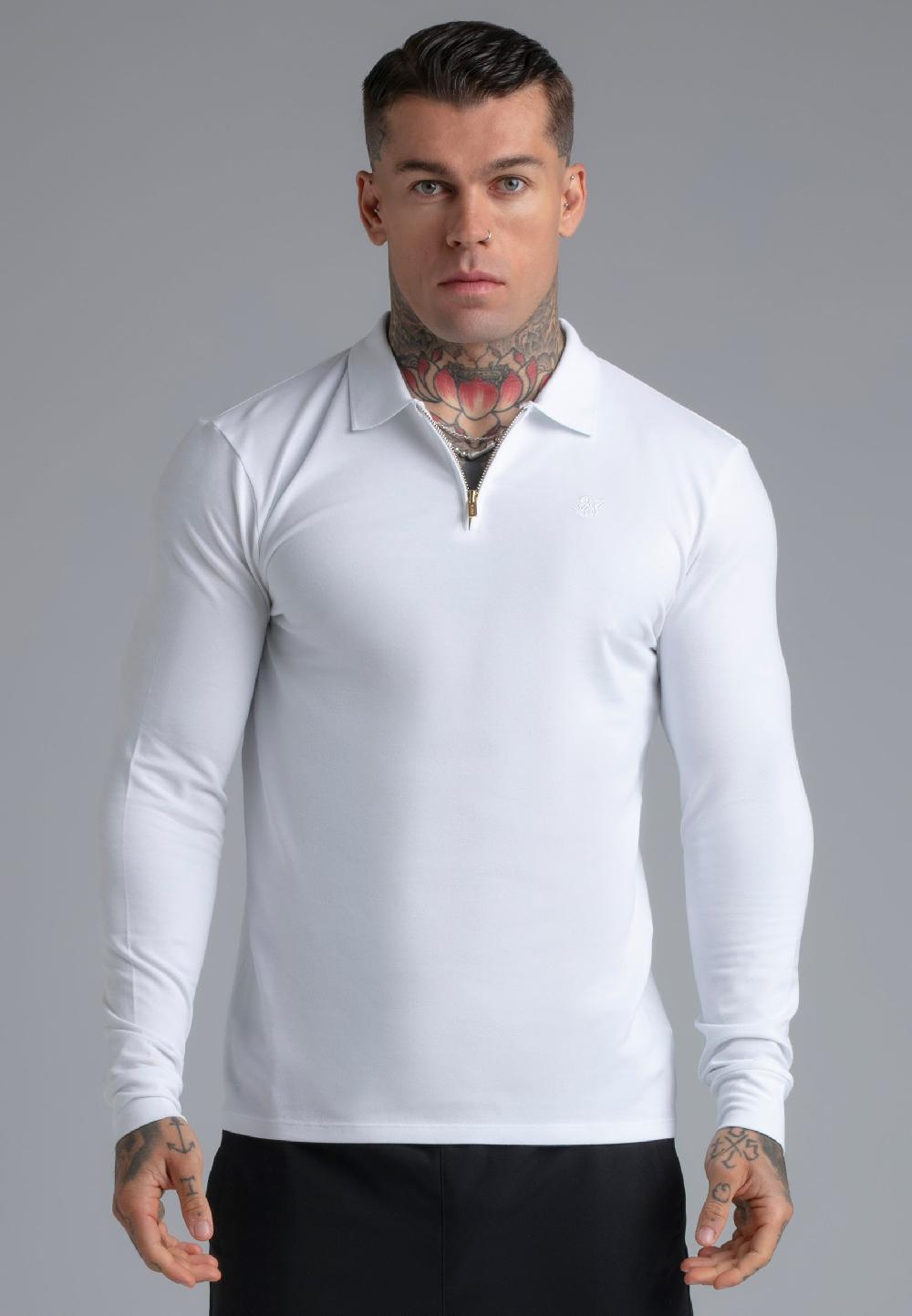 sik silk White LS Zip Polo T-Shirt