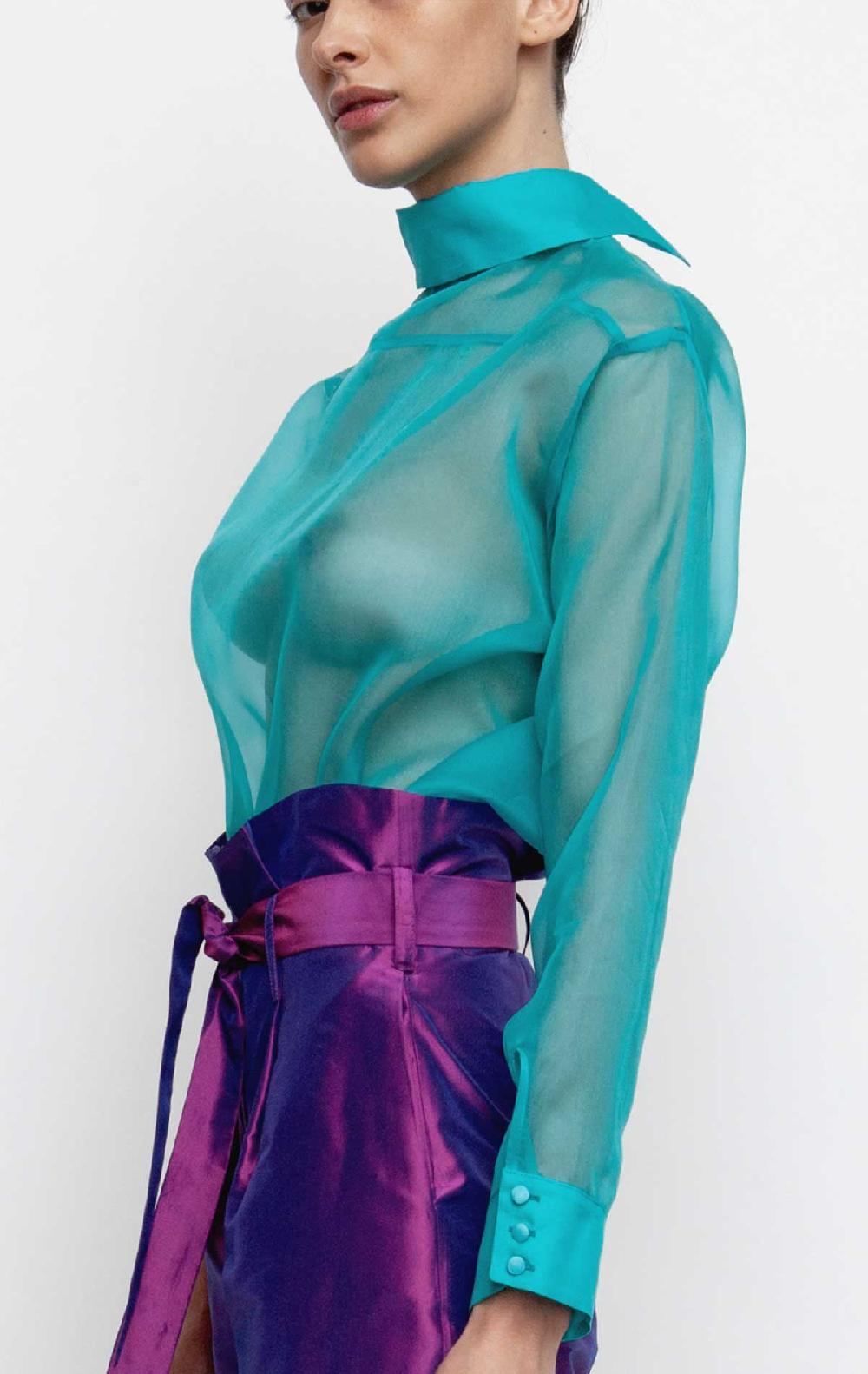 Silvia Astore Matilde Inverted Shirt Turquoise Silk Organza