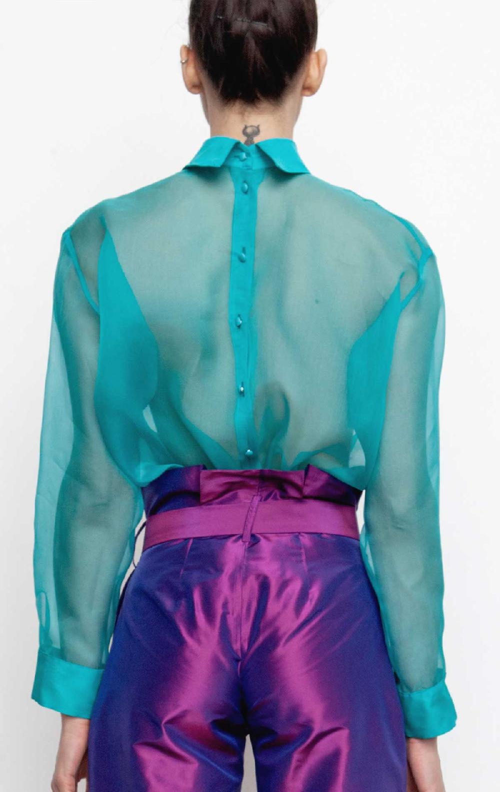 Silvia Astore Matilde Inverted Shirt Turquoise Silk Organza