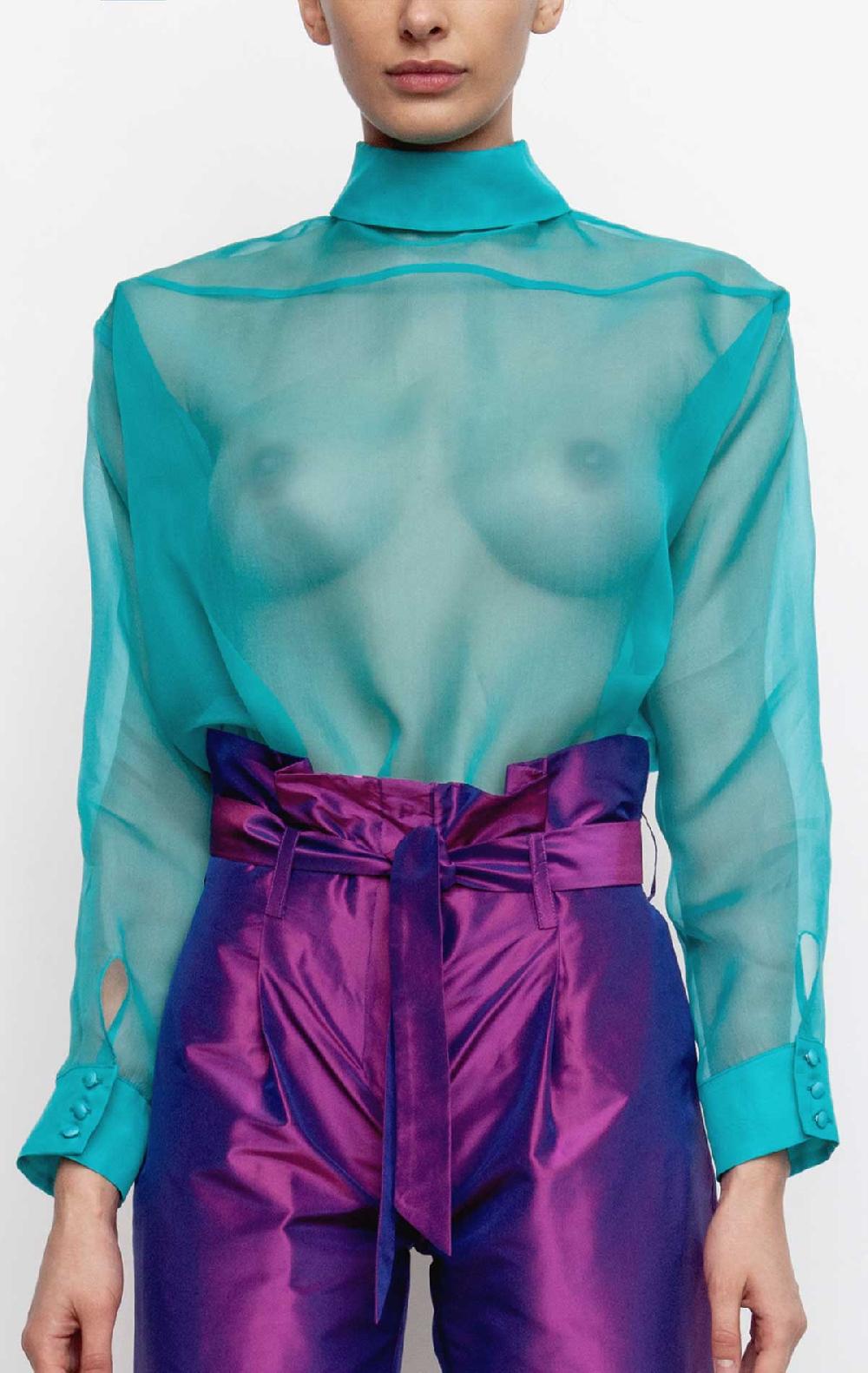 silvia astore Matilde Inverted Shirt Turquoise Silk organza