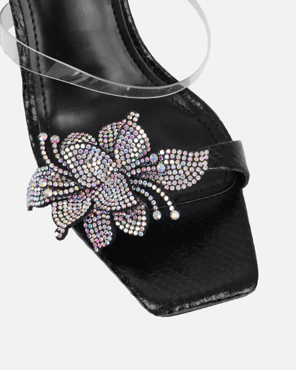 Simmi Black Snake Effect Flower Detail Mid Heeled Sandals