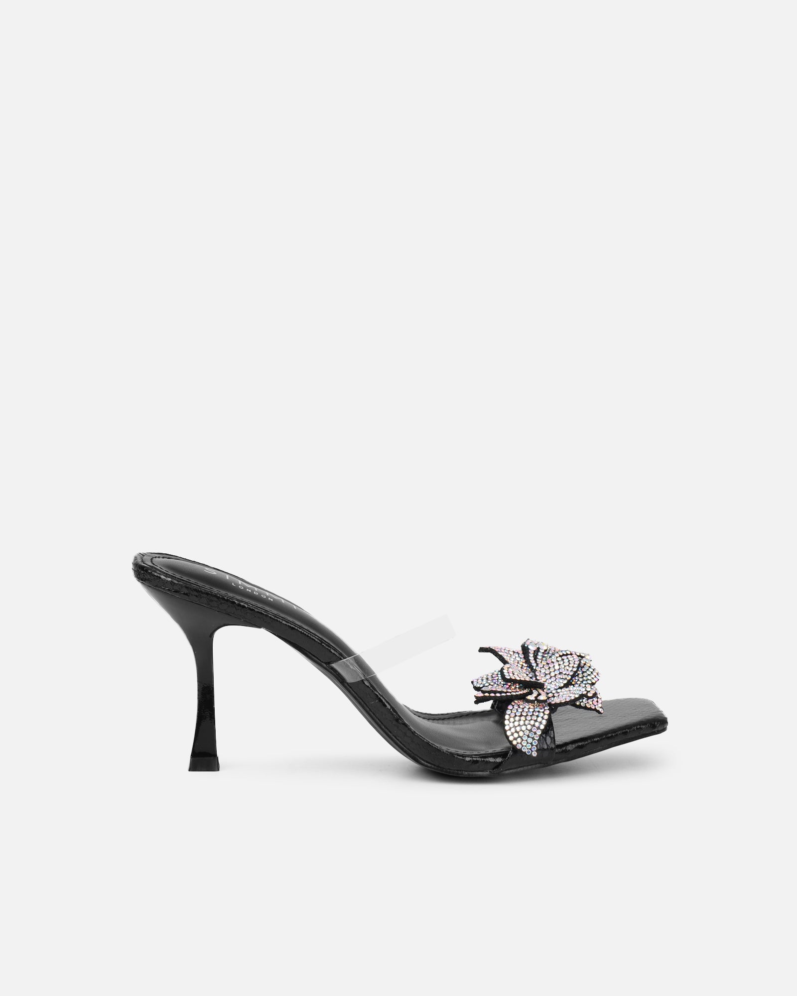 Simmi Black Snake Effect Flower Detail Mid Heeled Sandals