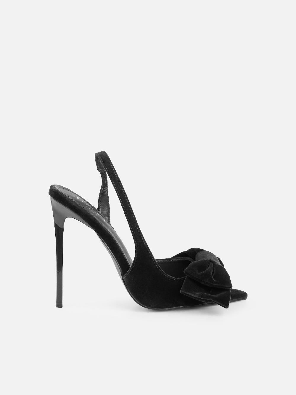 Simmi Black Velvet Bow Detail Peep Toe Heeled Sandals