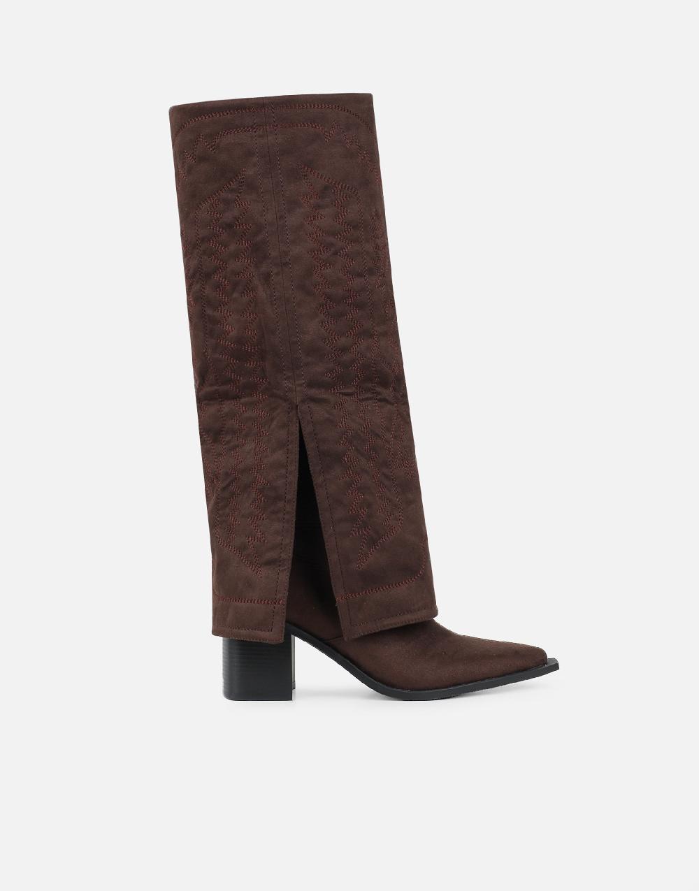 Simmi Brown Suede Western Stitch Detail Heeled Boots