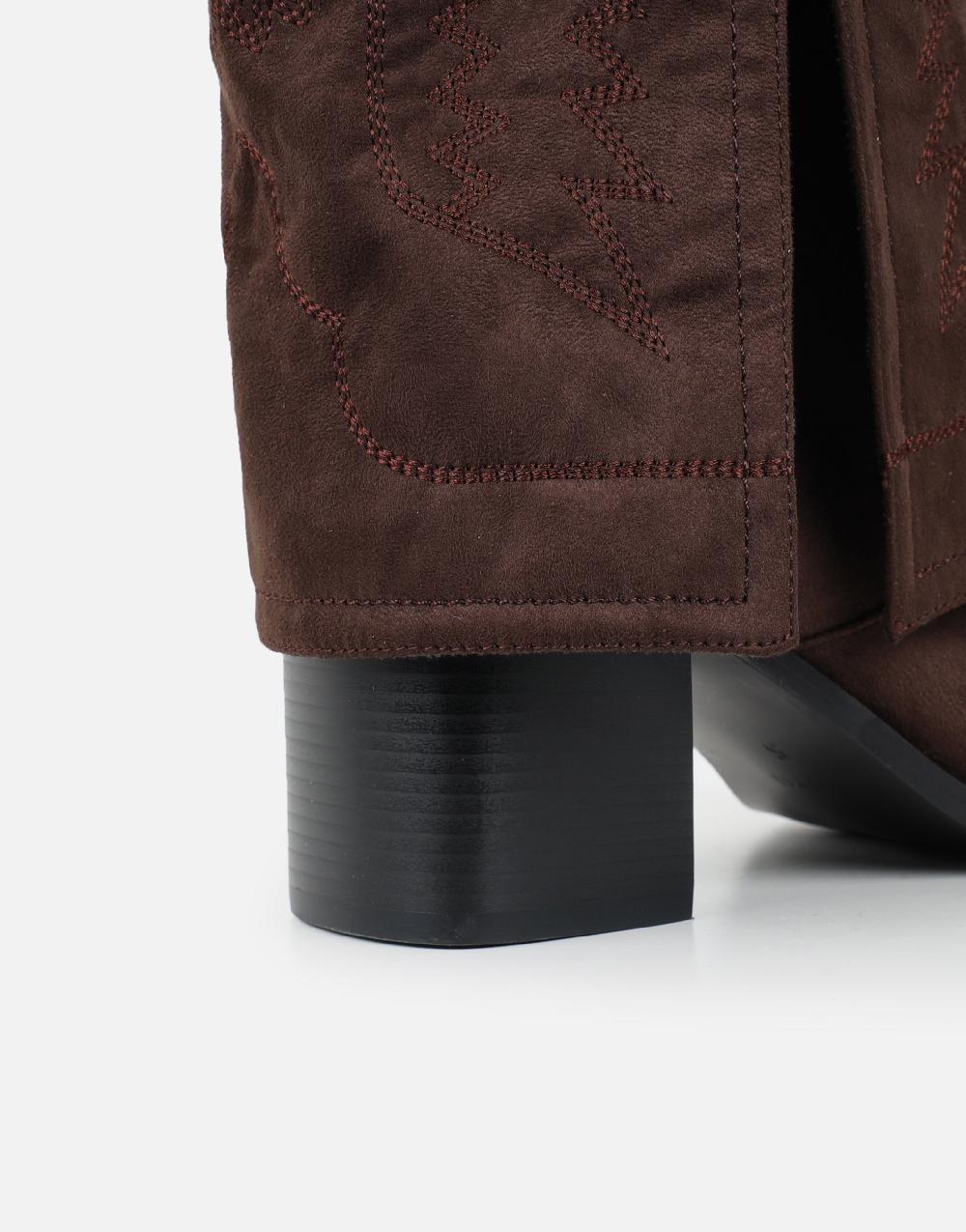 Simmi Brown Suede Western Stitch Detail Heeled Boots