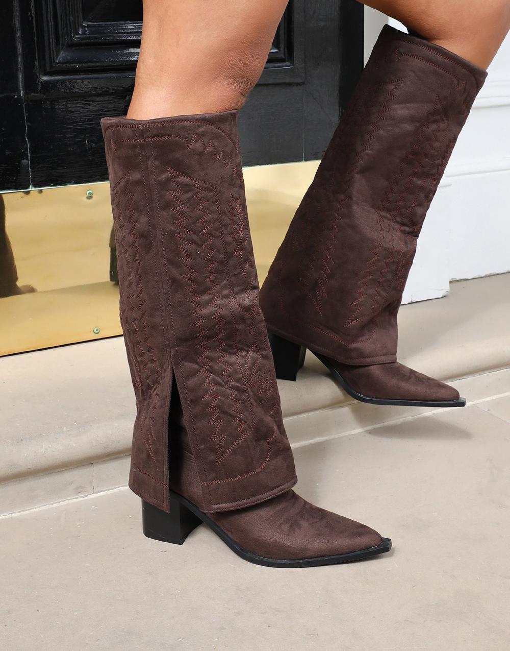 simmi Brown Suede Western Stitch Detail Heeled Boots
