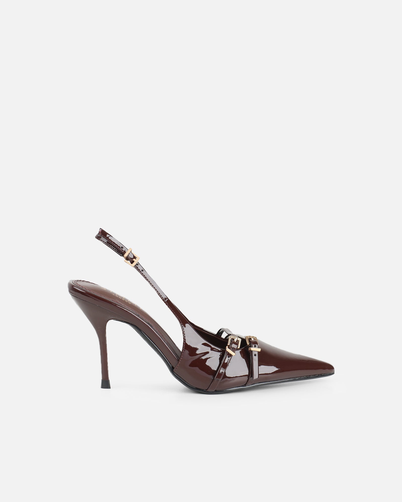 Simmi Chocolate Patent Buckle Detail Slingback Courts