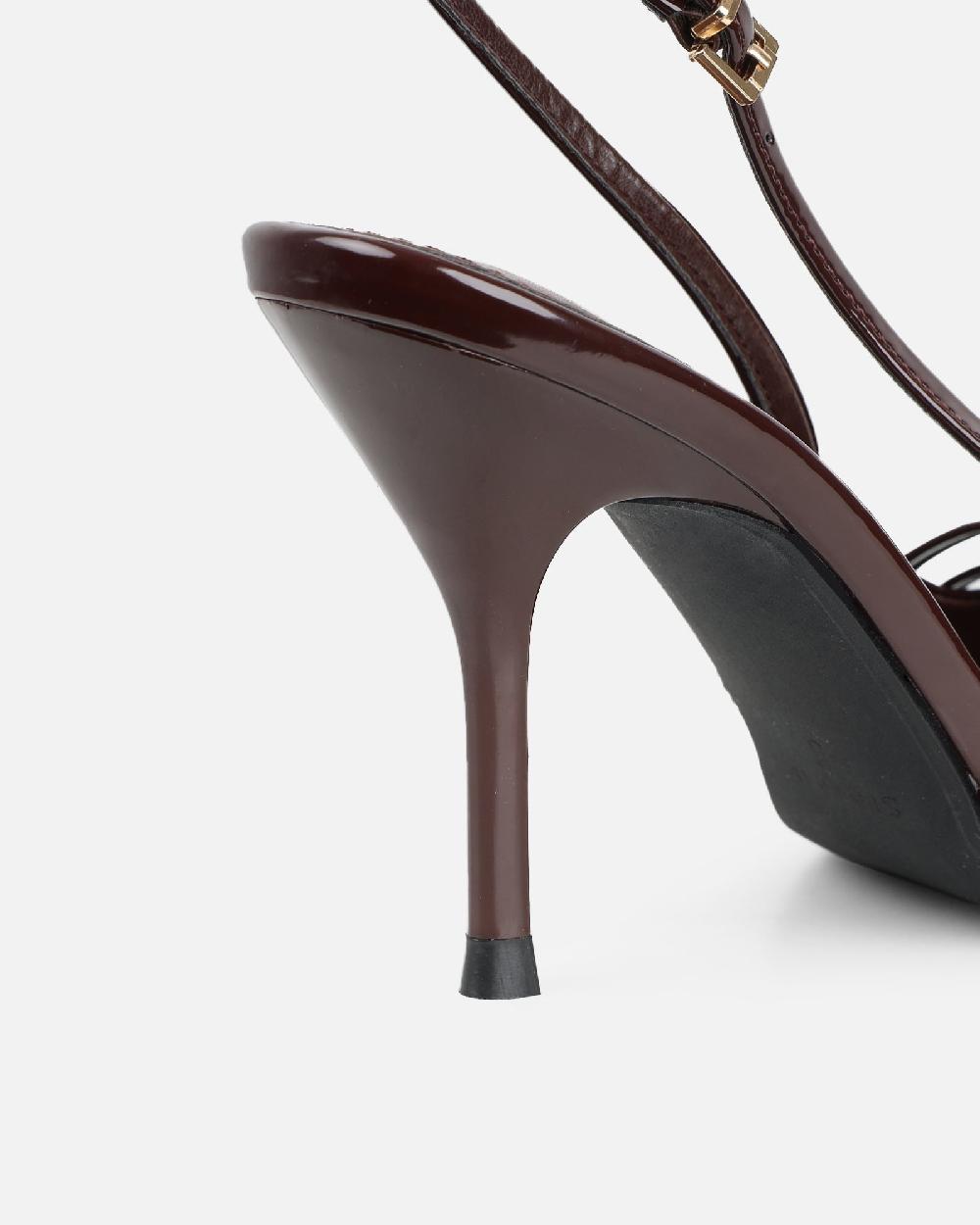Simmi Chocolate Patent Buckle Detail Slingback Courts