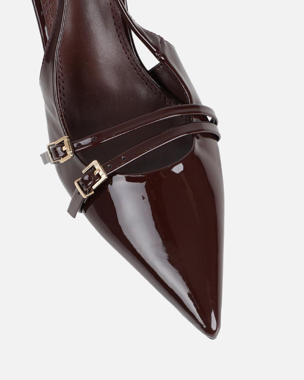 Simmi Chocolate Patent Buckle Detail Slingback Courts