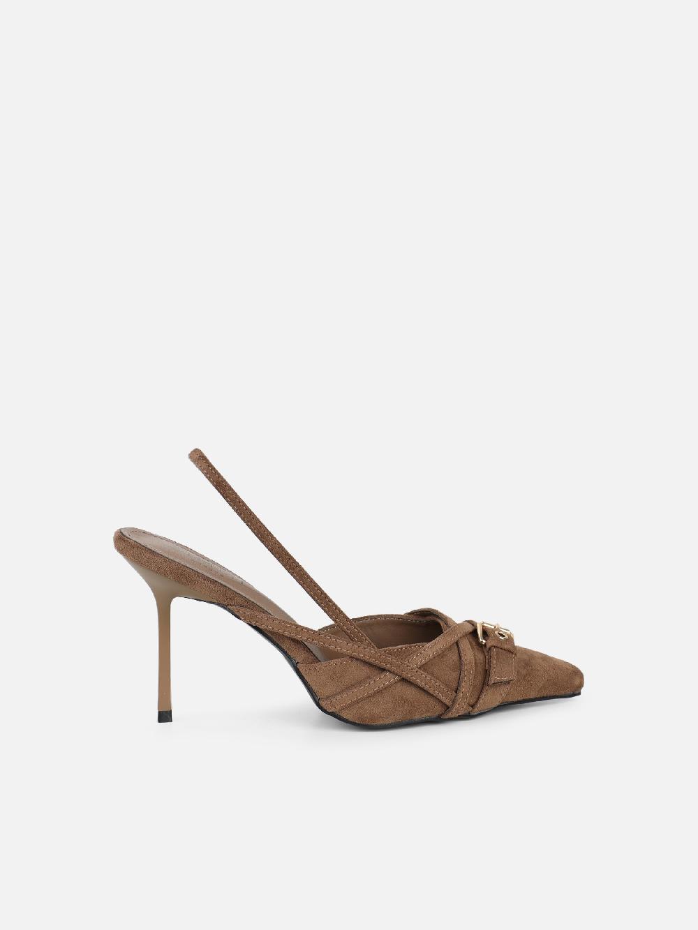 Simmi Dark Beige Suede Buckle Detail Slingback Court Shoes