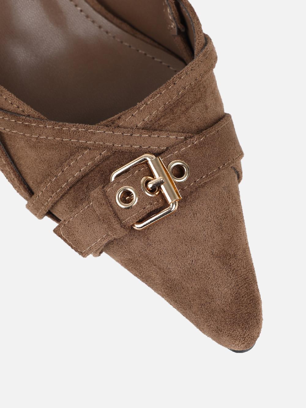 Simmi Dark Beige Suede Buckle Detail Slingback Court Shoes