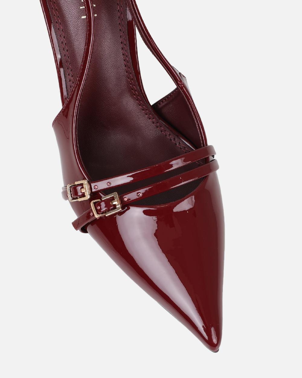 Simmi Dark Red Patent Buckle Detail Slingback Courts