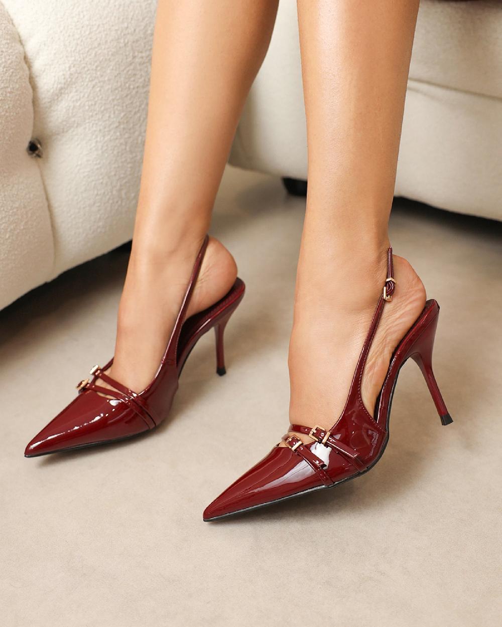 simmi dark red patent buckle detail slingback courts