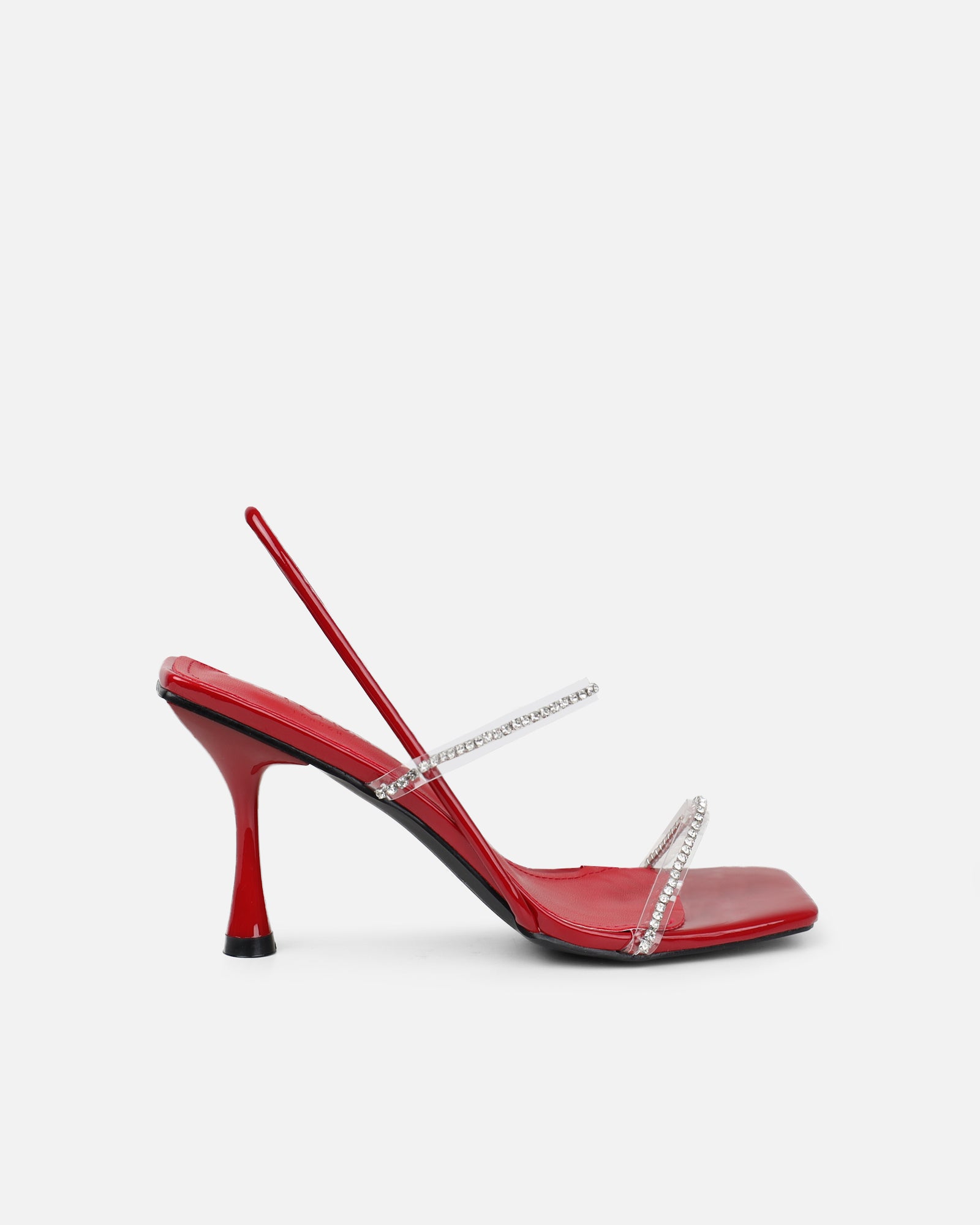 Simmi Dark Red Patent Clear Diamante Mid Heeled Sandals