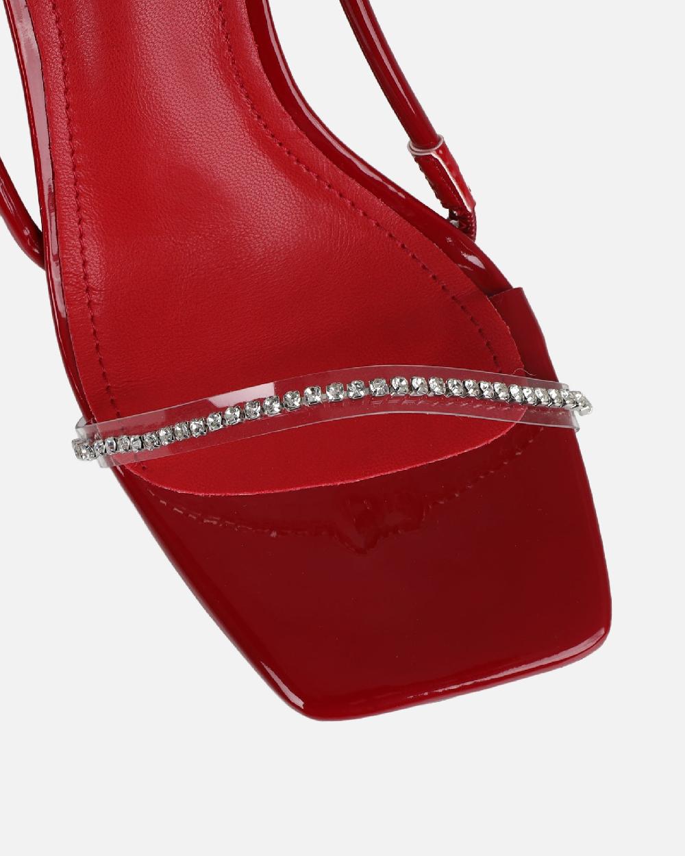 Simmi Dark Red Patent Clear Diamante Mid Heeled Sandals
