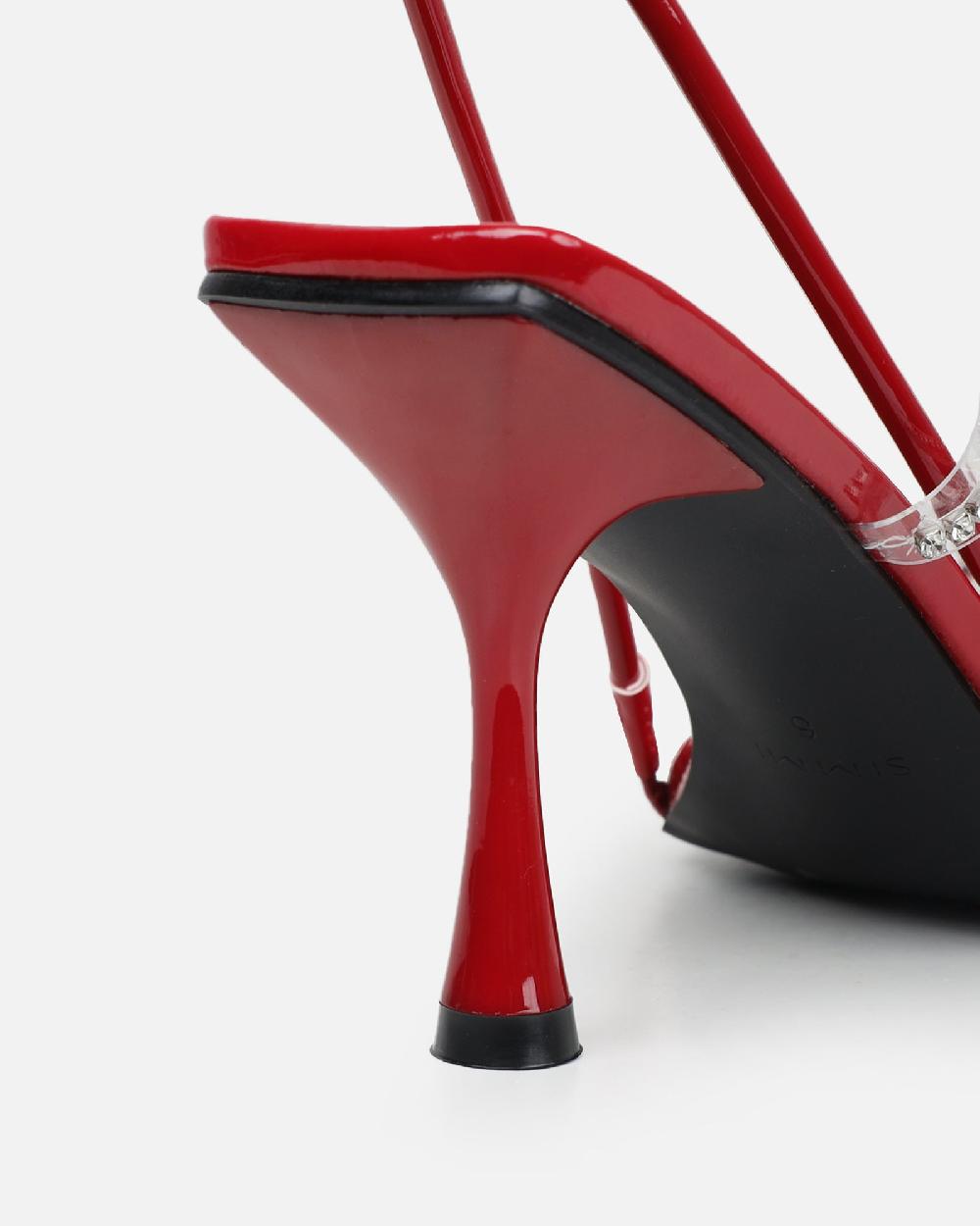 Simmi Dark Red Patent Clear Diamante Mid Heeled Sandals